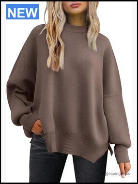 Oversized Batwing Crewneck Knit Pullover Sweater with Side Slit